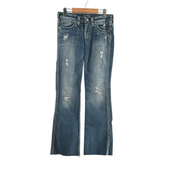 Silver Jeans Blue Denim Distressed Aiko Flap Bootcut Jeans raw hem Size 28 - Picture 1 of 7